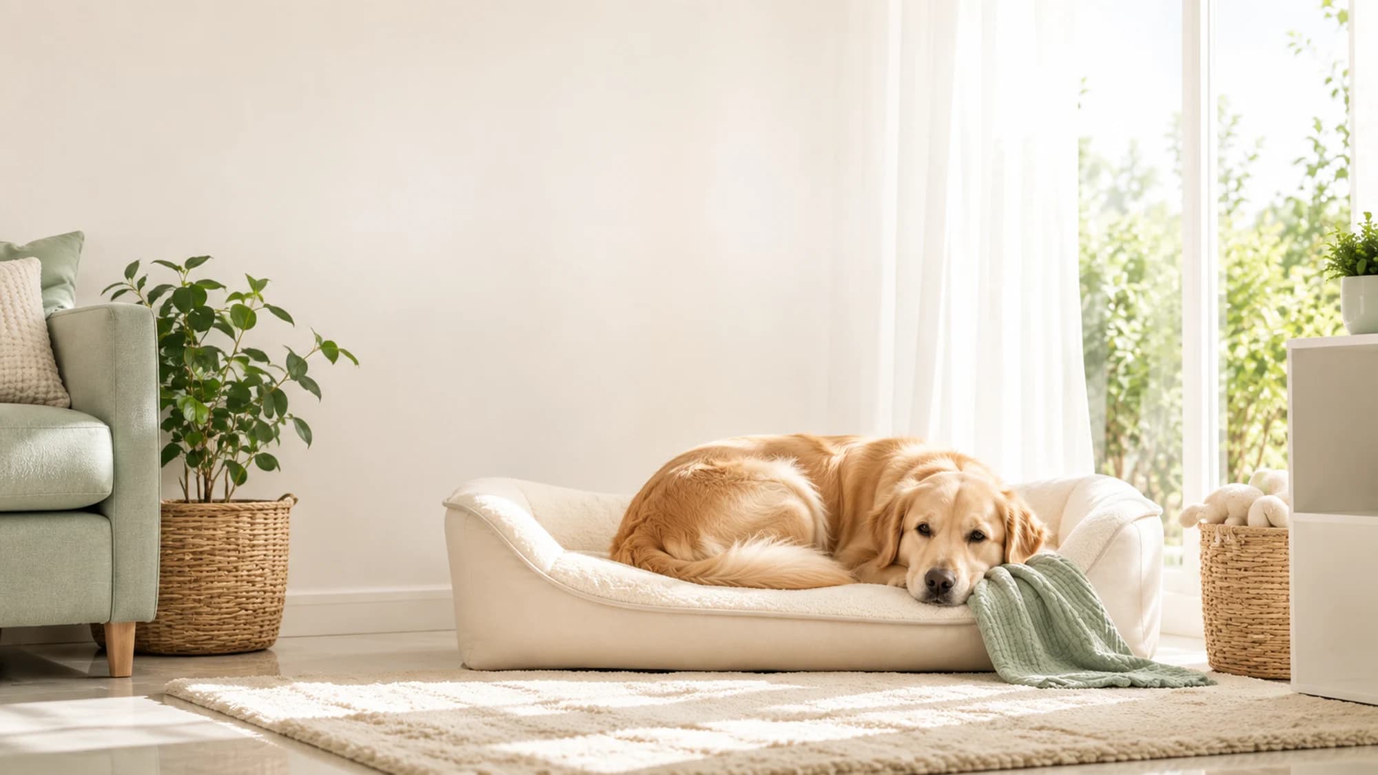 A golden retriever curled asleep on a cream dog bed beside a sunlit window