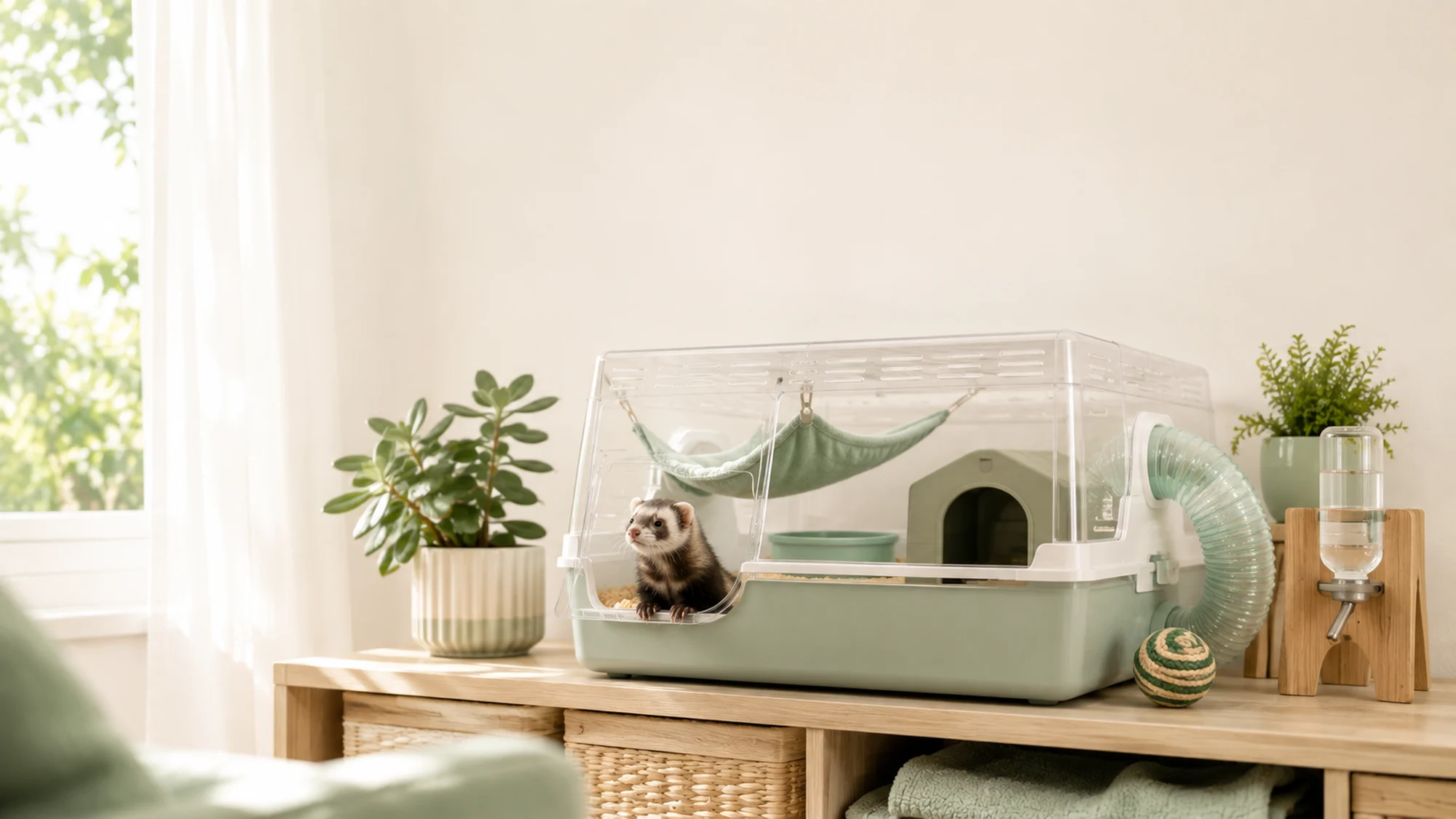 A ferret peeking out of a clean modern habitat on a light wood console