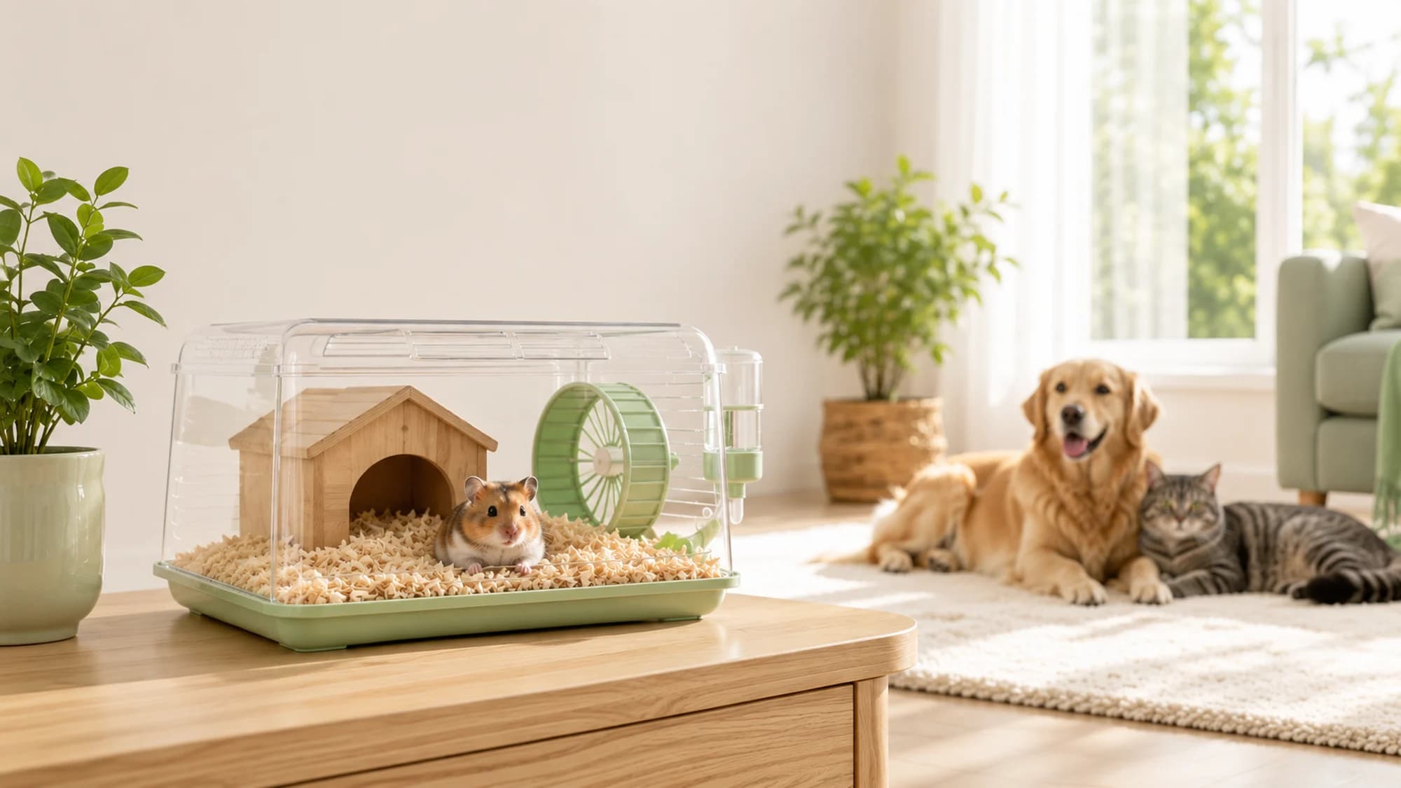 A hamster in a clear habitat with wood shavings and a wheel, on a console in a bright living room