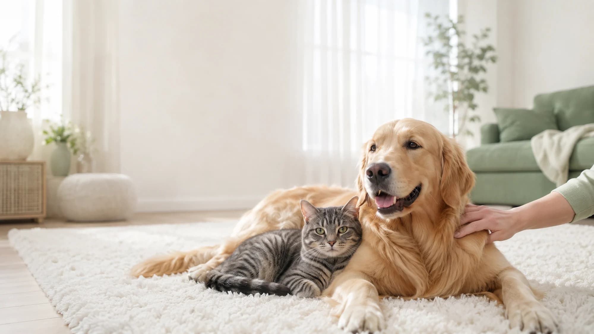 A golden retriever and a tabby cat resting together on a white rug while a hand rests gently on the dog, in a bright sunlit living room