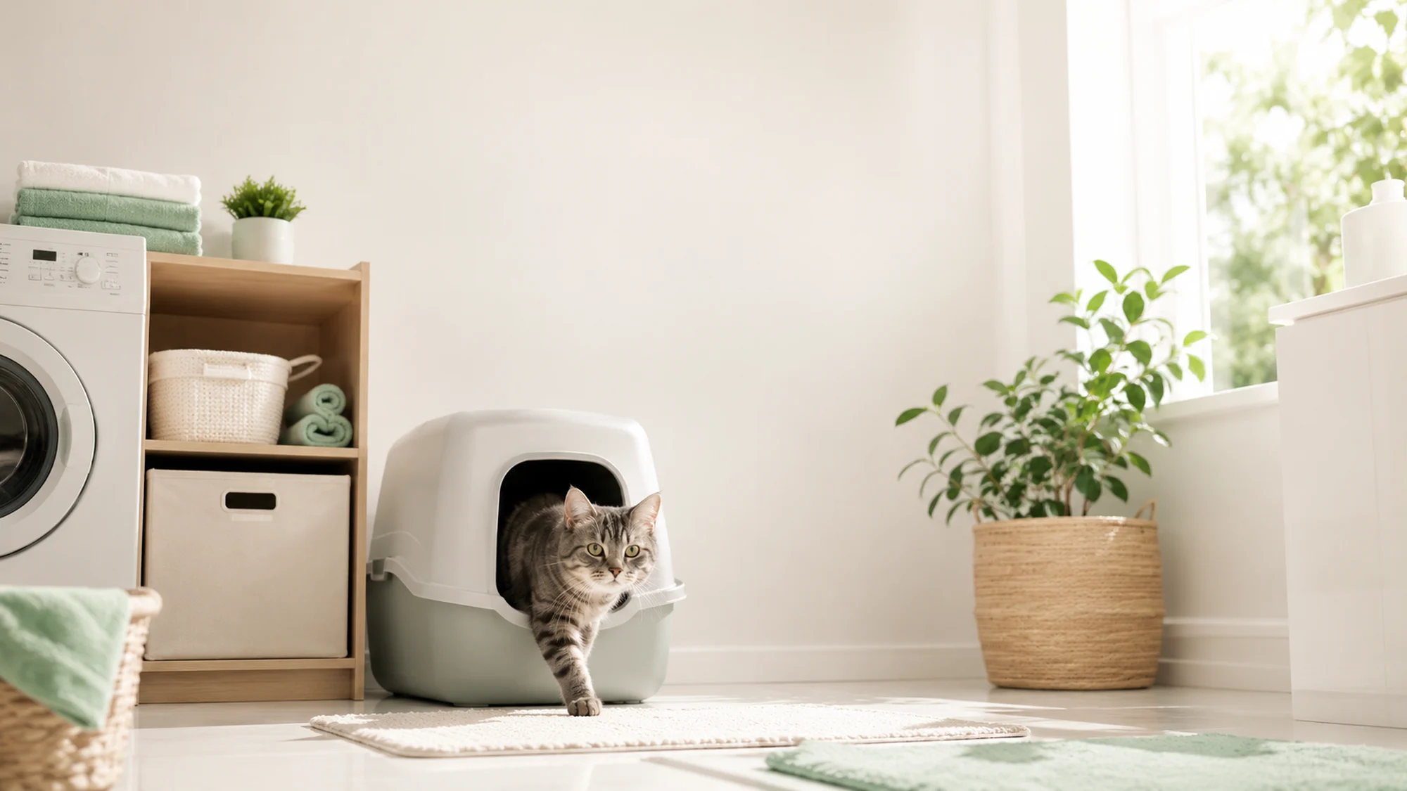 A tabby cat stepping out of a covered litter box in a bright, tidy laundry room