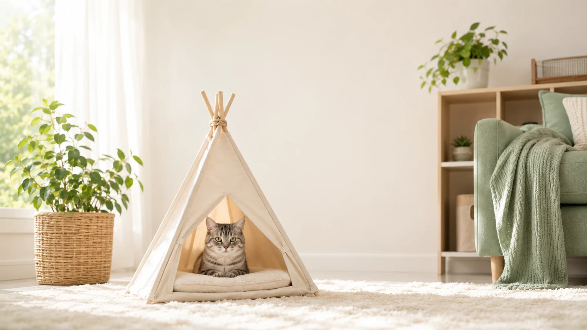 A tabby cat resting inside a cream canvas teepee pet house on a white rug