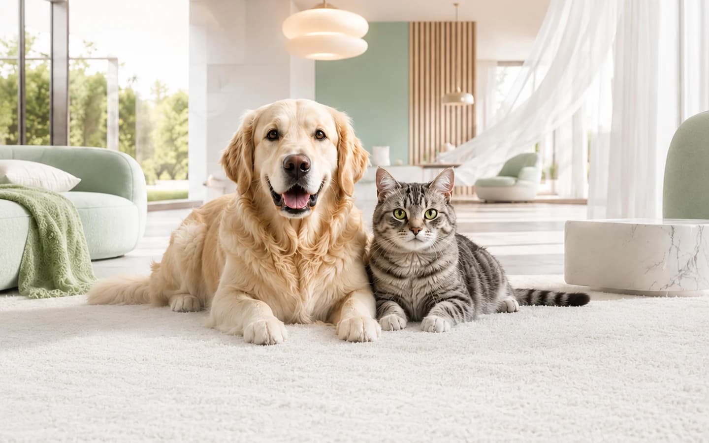 A golden retriever and a tabby cat lying together on a pale rug in a bright living room