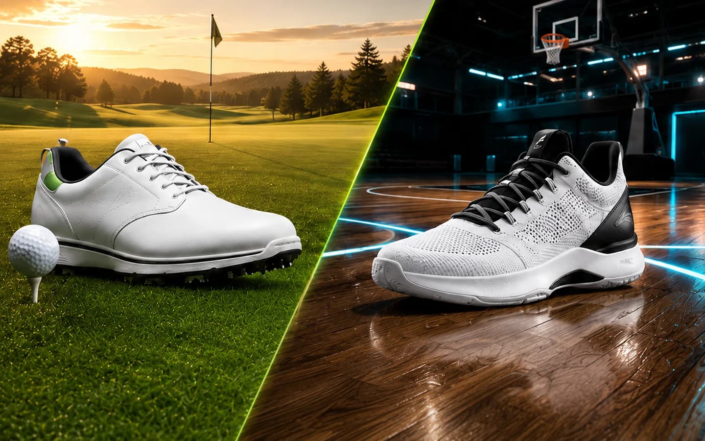 A white golf shoe on a sunlit course beside a white training shoe on a floodlit indoor court