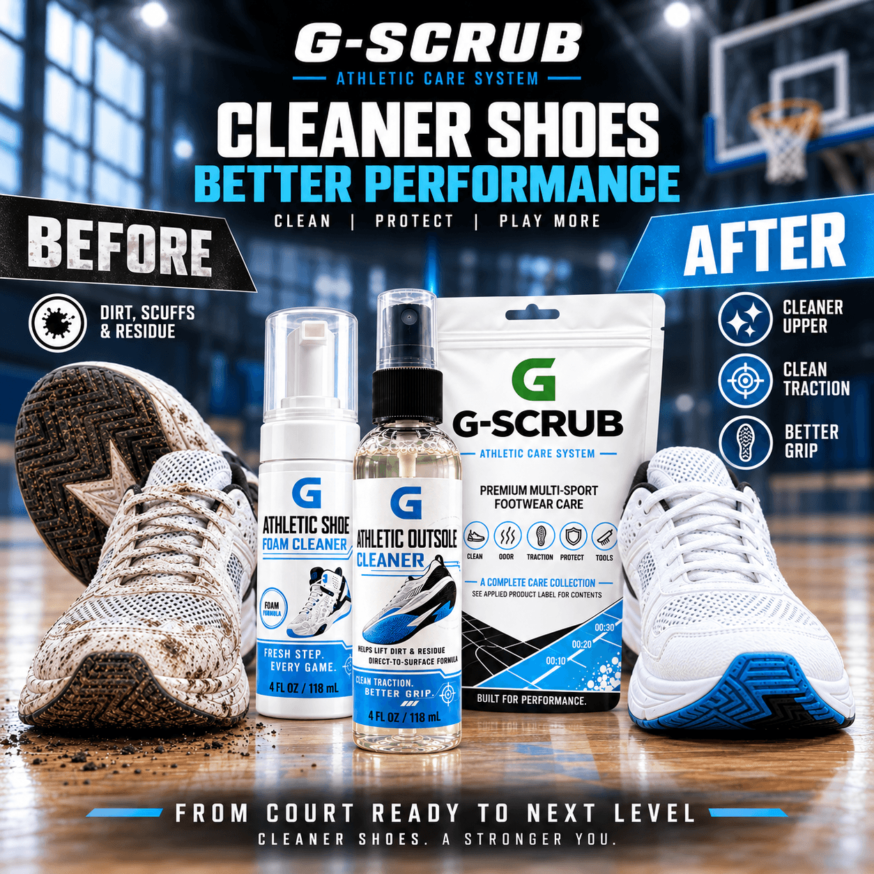 G-SCRUB Athletic Footwear Care Kit before and after