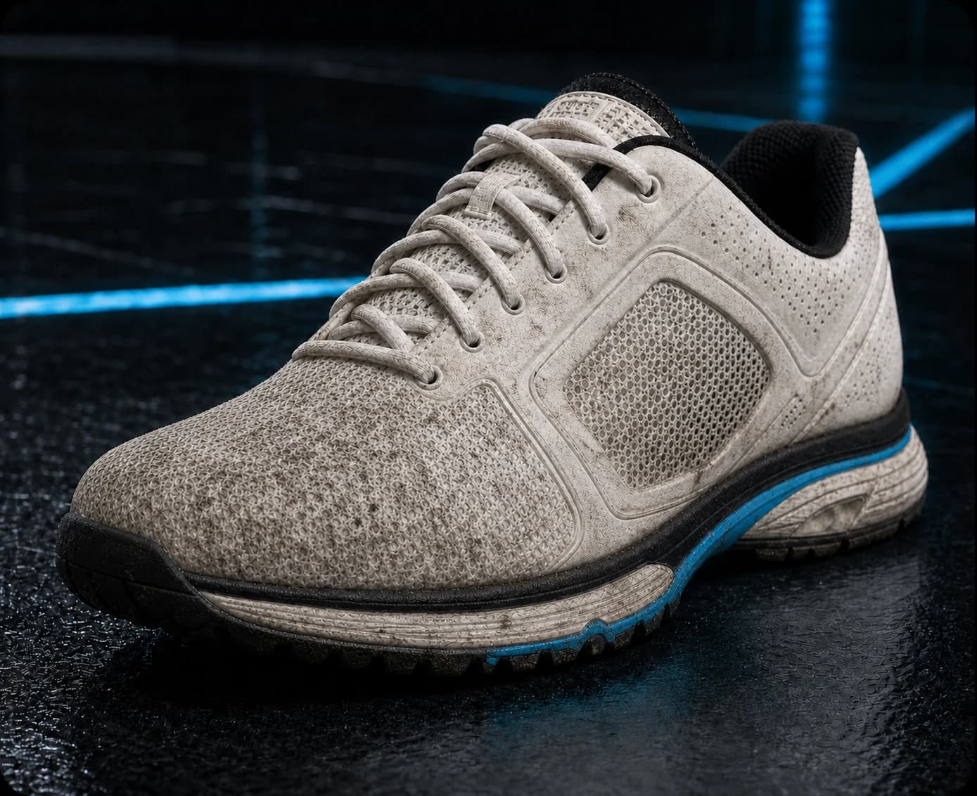 The same white training shoe covered in court dust and grime before cleaning