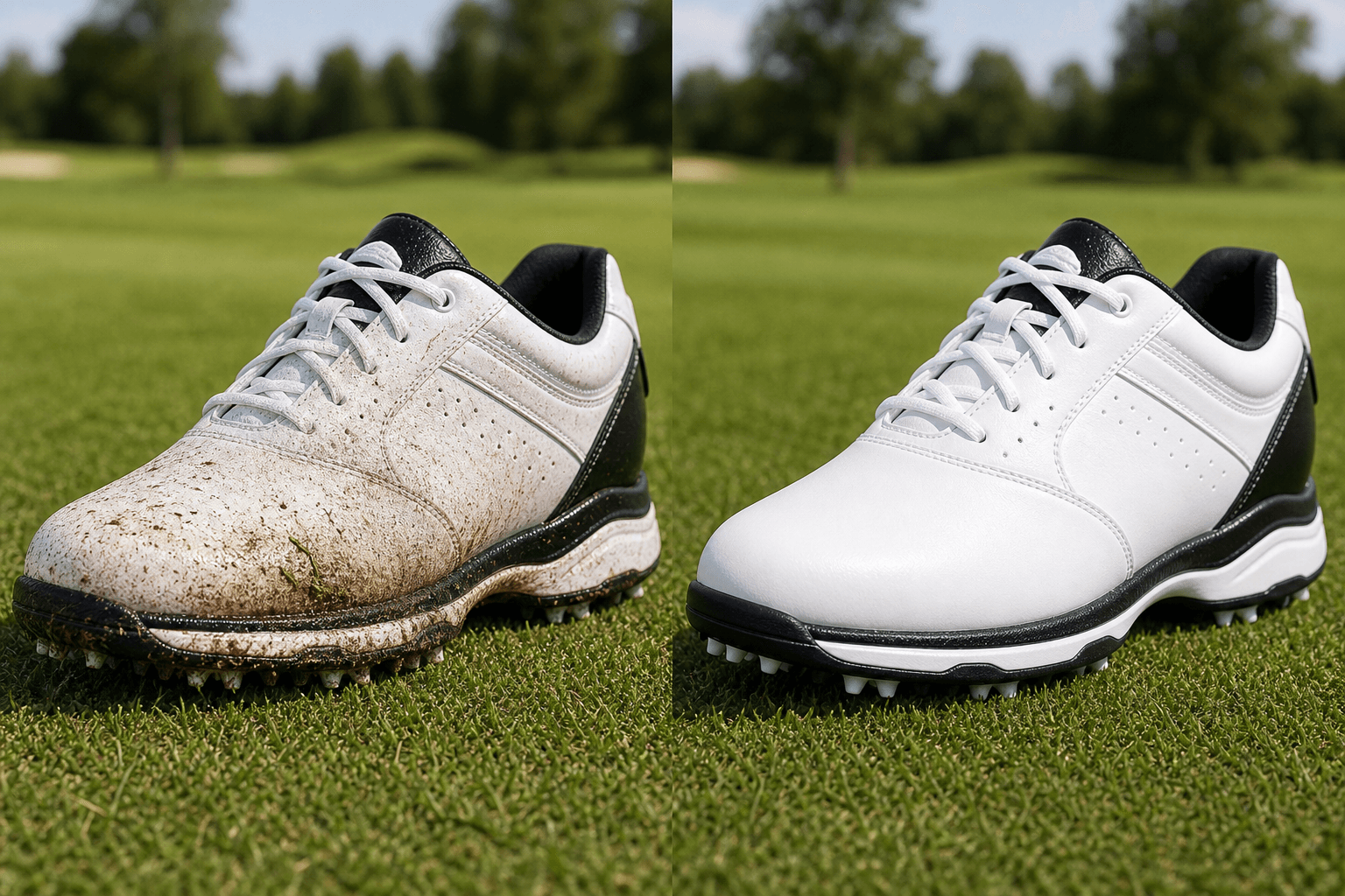 The same golf shoe, same angle: caked in mud and grass before G-SCRUB, spotless white after