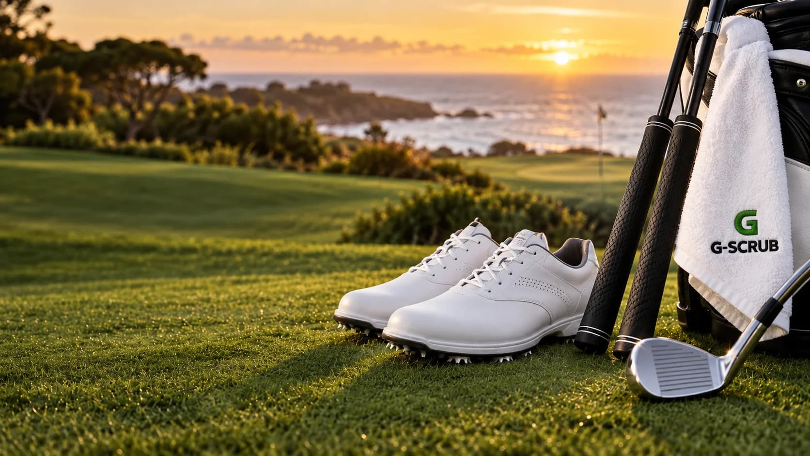 Golf shoes, grips and a club beside a G-SCRUB towel on a coastal golf course