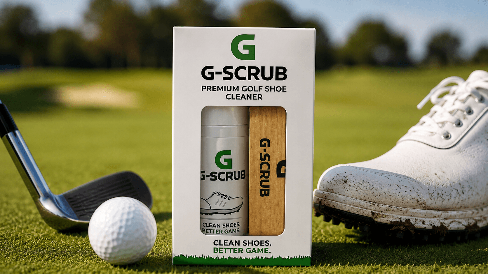 G-SCRUB Premium Golf Shoe Cleaner Kit on the golf course next to a club and ball, with a mud-caked golf shoe beside it