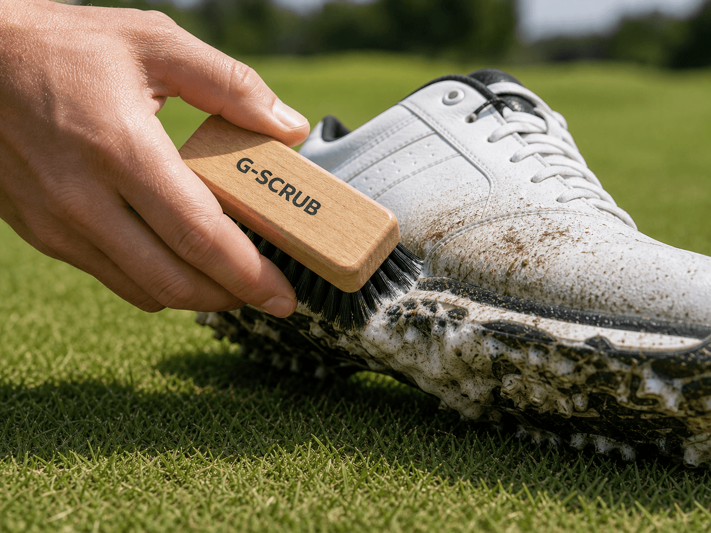 Scrubbing a golf shoe with the G-SCRUB brush on the golf course, foam visible on the sole