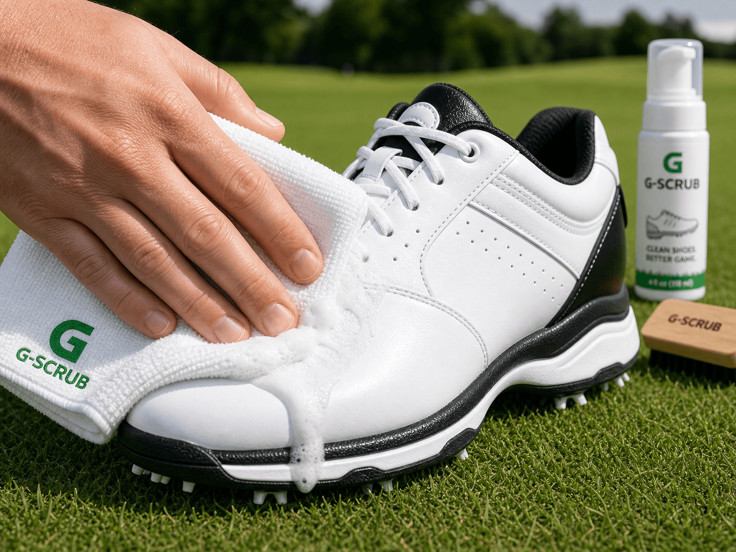 Wiping a golf shoe clean with the G-SCRUB microfiber towel