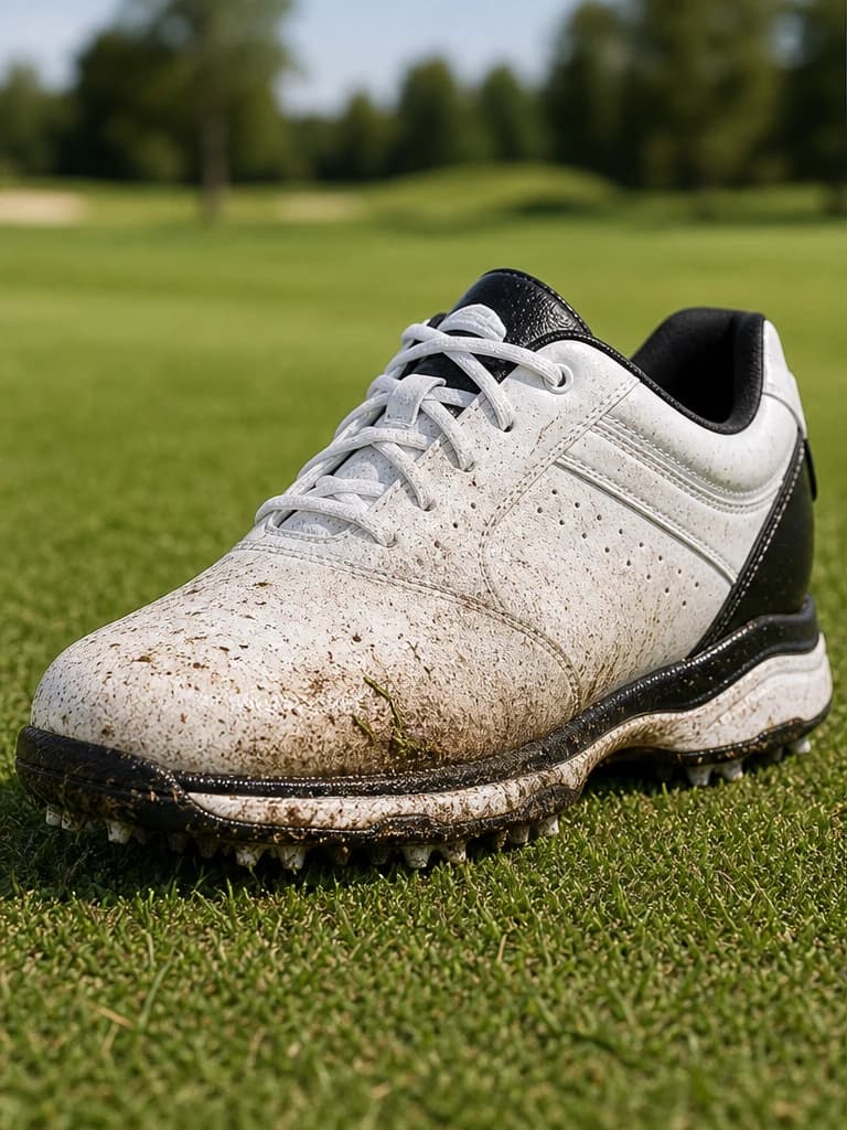 The same white golf shoe caked in mud and grass before cleaning
