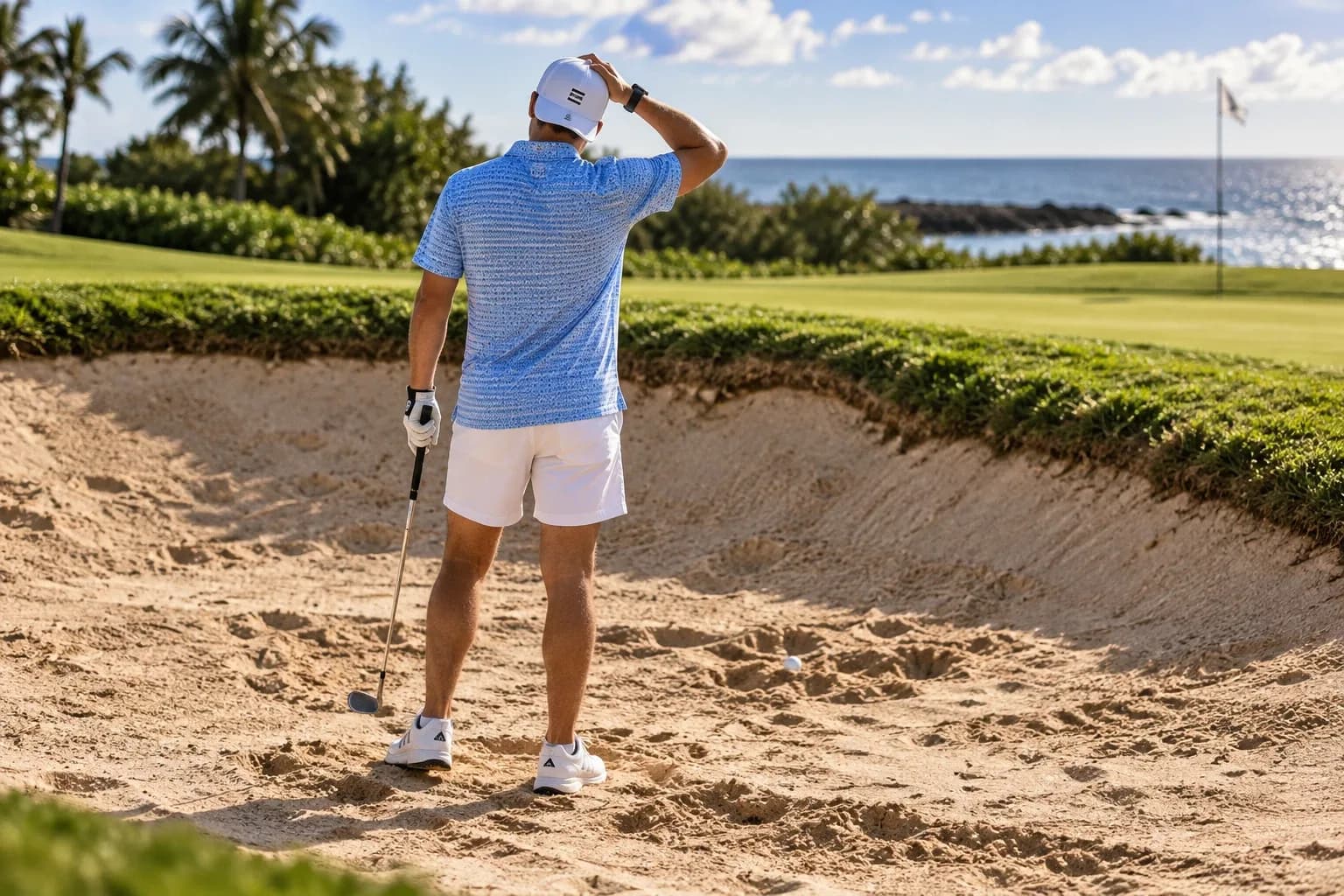 Dylan in a sand trap scratching his head, looking at his ball