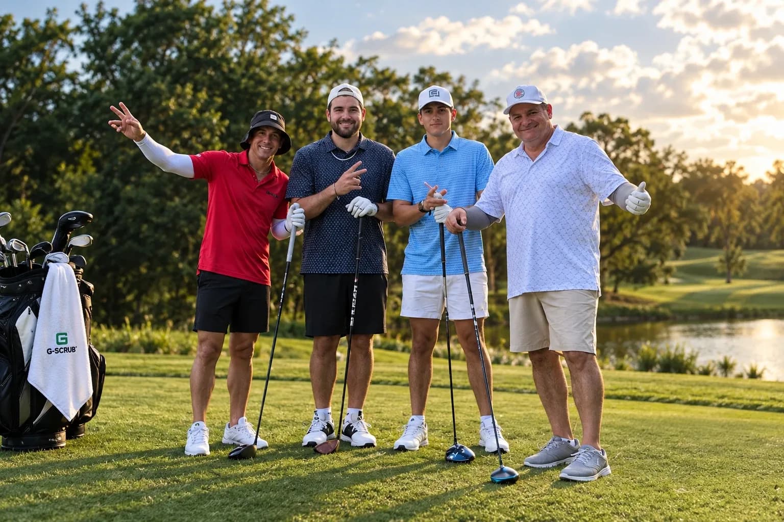 Dylan with his family on the golf course, smiling with their clubs