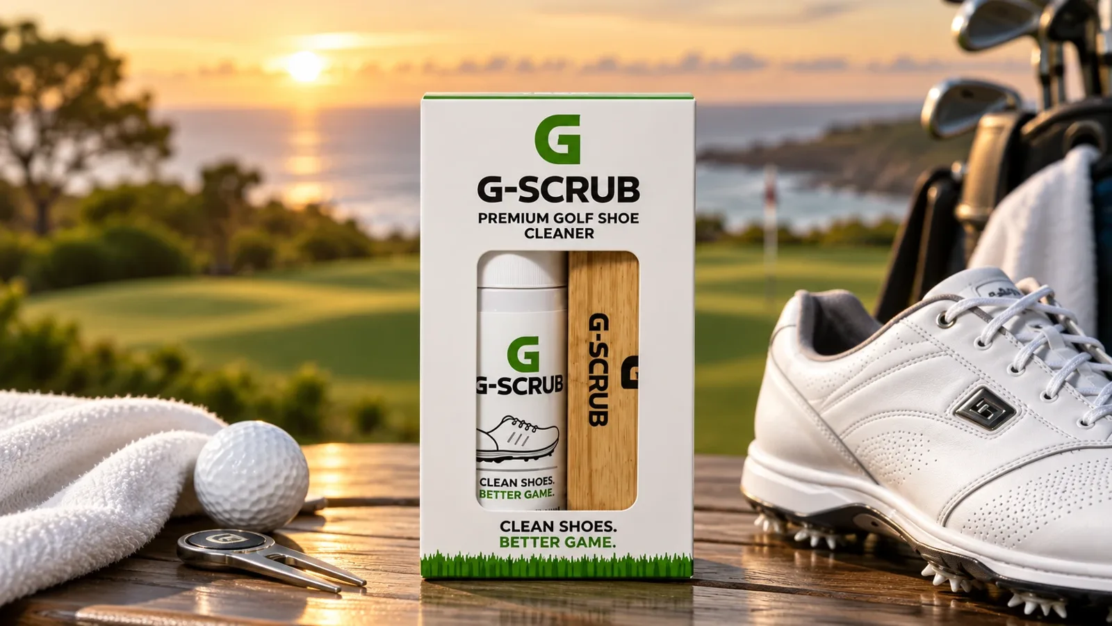 The G-SCRUB Shoe Cleaner Kit, our first product, on a table at the course at sunset next to a clean golf shoe