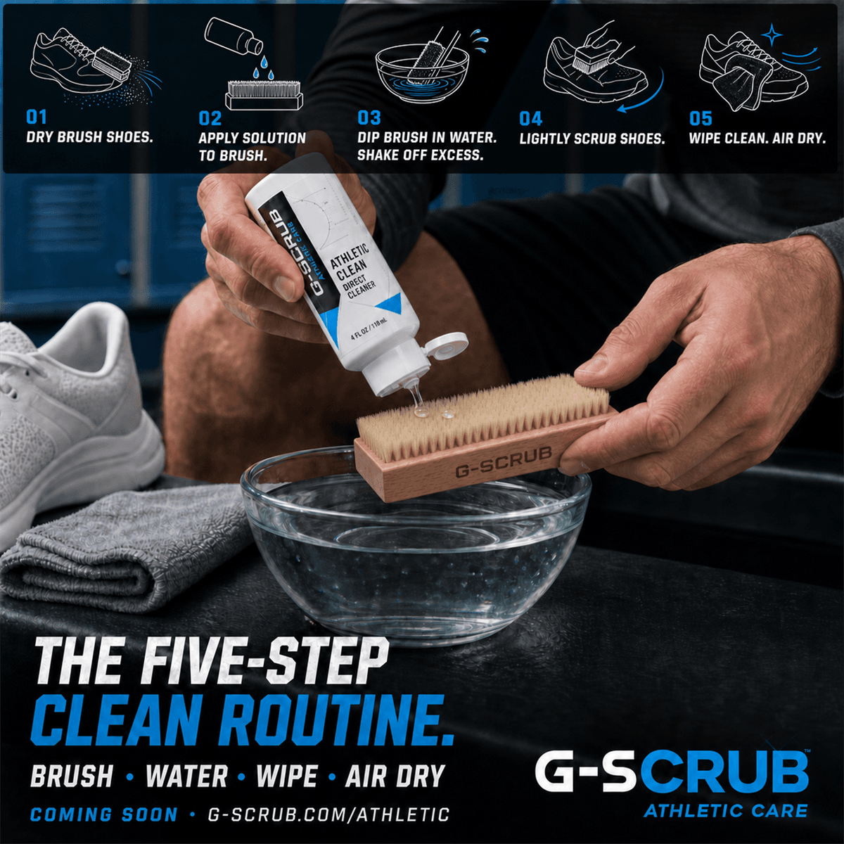 The five-step G-SCRUB Athletic Clean routine: dry brush, apply solution, dip brush in water, lightly scrub, wipe clean and air dry