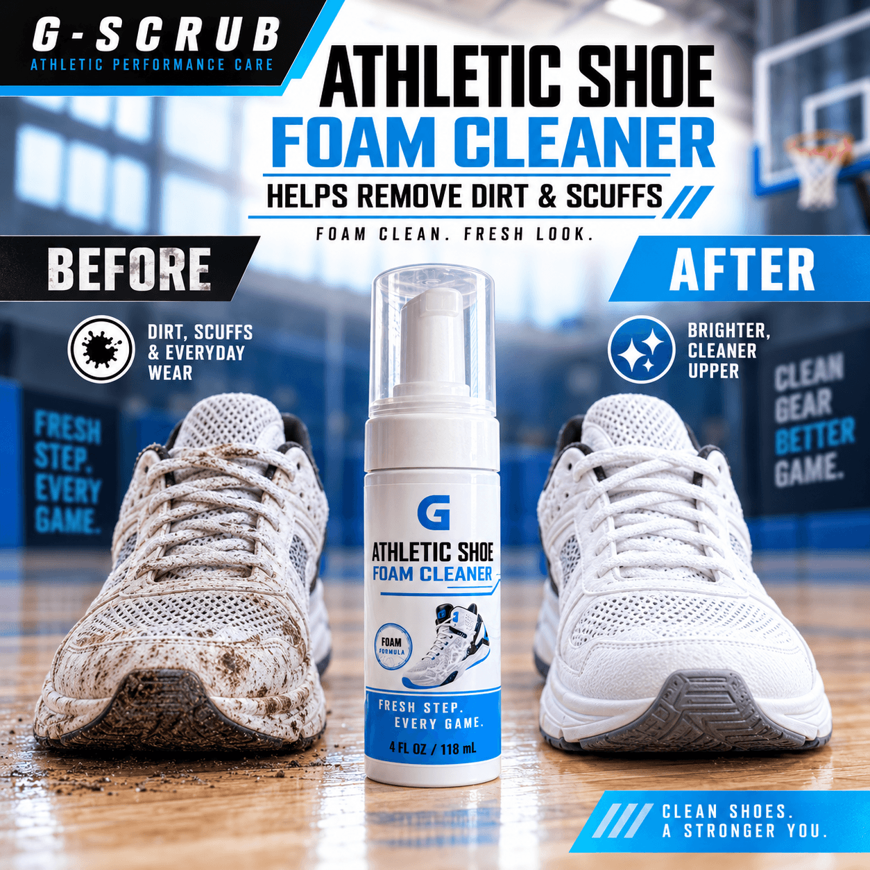 G-SCRUB Athletic Shoe Foam Cleaner before and after